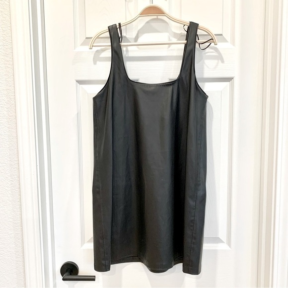 ZARA Black Leather Pinafore Square-Neck Overall Mini Dress - Picture 3 of 6